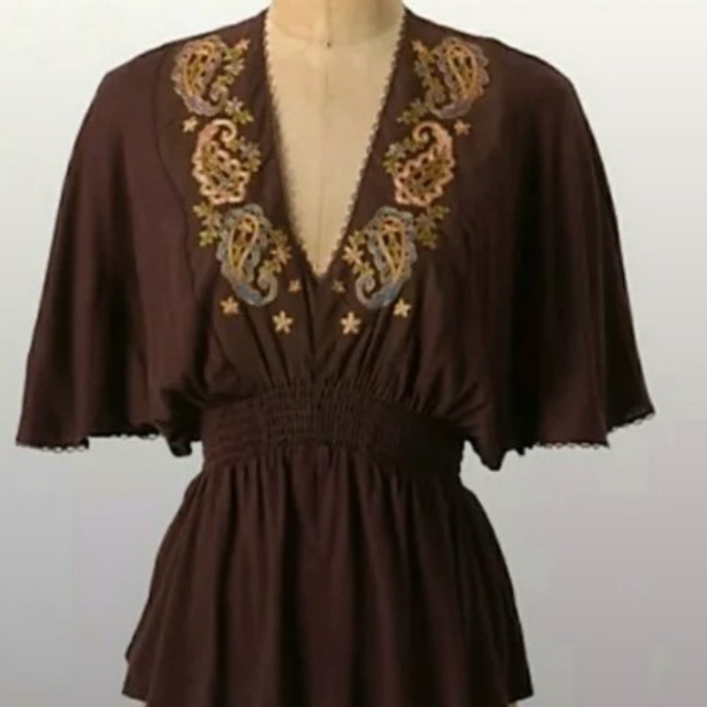 TINY for Anthropologie Embroidered Chocolate Brown Blouse Size XS